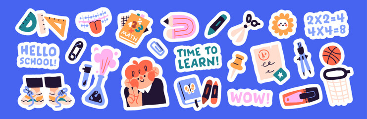 Set of school subjects and elements. Elementary education sticker pack. Books and stationery for learning. Happy student, pencils and textbooks for study. Flat isolated vector illustrations