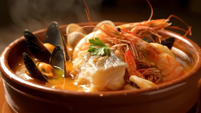 Authentic Seafood Stew (Bouillabaisse or Zarzuela) Close-up. Fresh Prawns, Mussels, Clams, and White Fish Served in Rustic Terracotta Bowl with Steaming Broth.