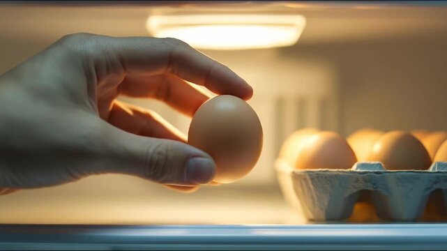 A hand reaching for a fresh brown egg in an open refrigerator, surrounded by soft lighting that highlights its smooth texture