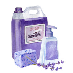Different kinds of lavender soap in watercolor