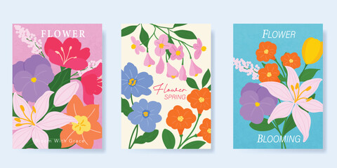 Naklejka premium Spring Floral invitation card background vector. Minimal hand drawn botanical flowers template background. Design illustration for wedding, vip cover, poster, rsvp modern card, birthday party.