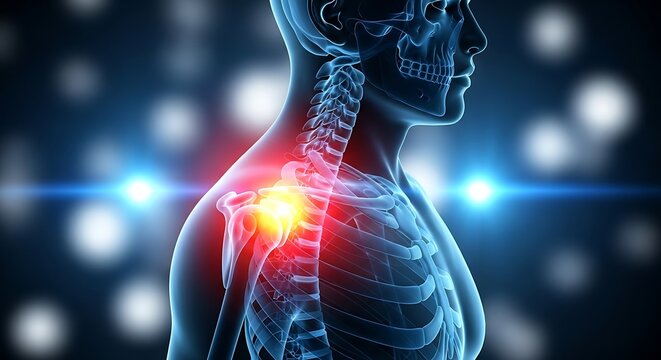 Human skeletal structure highlighted with red glow, indicating shoulder pain or injury
