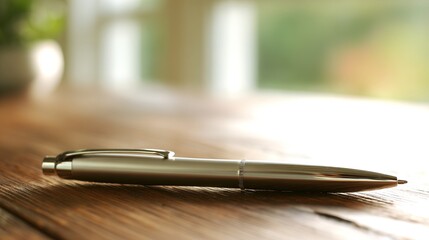 A single pen lying on a wooden desk with blurred background, professional workspace vibe.