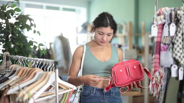 Young woman happily chooses fashionable handbag in a clothing store. High quality 4k footage
