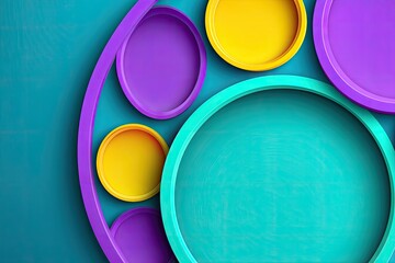 Abstract colorful layered circles and ovals on a teal textured background