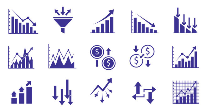 Financial growth and decline chart icon set vector