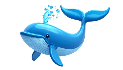 A cartoon-style blue whale spouting water, with a cheerful expression