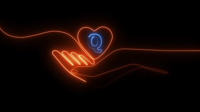Neon Light Hand Holding Heart with Glowing Letter Q Abstract Digital Animation neon light glowing hand