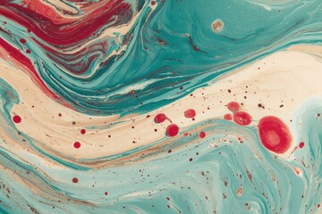 Swirling abstract artwork showing vibrant turquoise, red, and cream liquid paint patterns