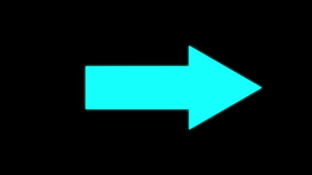 Cyan simple straight animated arrow pointing to the right on black background or transparent background. Right-Pointing Arrow Animation. motion graphics. animation. 4k video
