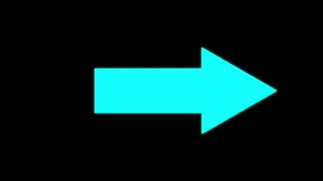 Cyan simple straight animated arrow pointing to the right on black background or transparent background. Right-Pointing Arrow Animation. motion graphics. animation. 4k video