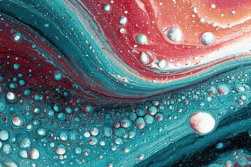 Abstract macro shot, swirling liquid paints, bubbles, and vibrant colors