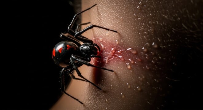 Venomous encounter a black widow spider clinging to injured human skin causing a painful bite
