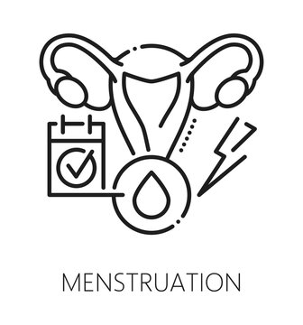 Menstruation cycle gynecology, reproductive health line icon. Pregnancy and fertility thin line sign, urinary healthcare vector icon. Gynecology and woman health pictogram with uterus and calendar