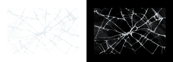 Obraz premium Cracked glass shattered windowpane fragments on black and white backgrounds