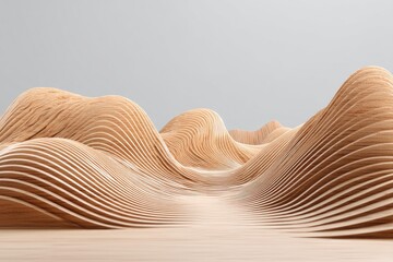 Layered wooden landscape with wave-like formations against a soft gray backdrop