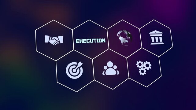 Business execution strategy motion graphic. Hexagonal icon grid with stylised shaking hands and working gears.