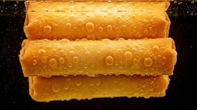 Three golden-brown spring rolls or egg rolls, covered in small bubbles, submerged against a dark background, suggesting frying or immersion.