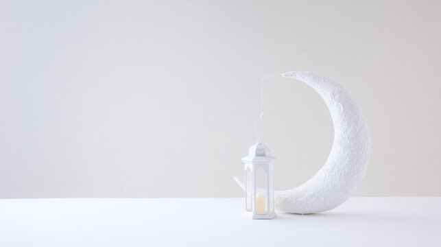 Elegant white crescent moon sculpture with hanging lantern on neutral background, Ramadan and Islamic celebration concept.