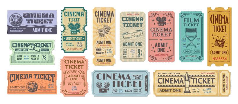 Old movie and cinema tickets set. Vector vintage movie theater raffle tickets with stubs, old paper coupons and vouchers. Cinema festival event admission cards with film reels, 3d glasses and popcorn