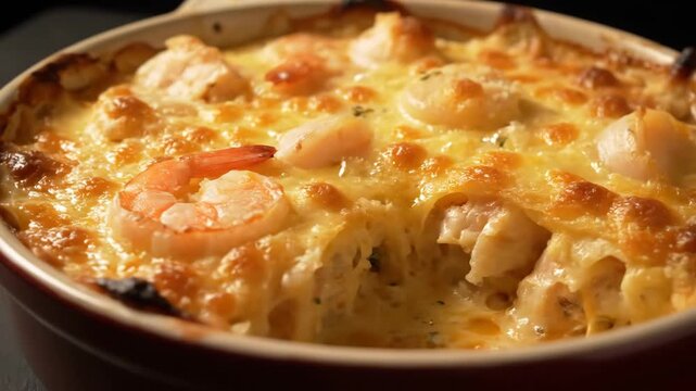 Luxurious Seafood Gratin Casserole with Baked Shrimp, Scallops, and Golden Melted Cheese Close-Up in a Ceramic Ramekin