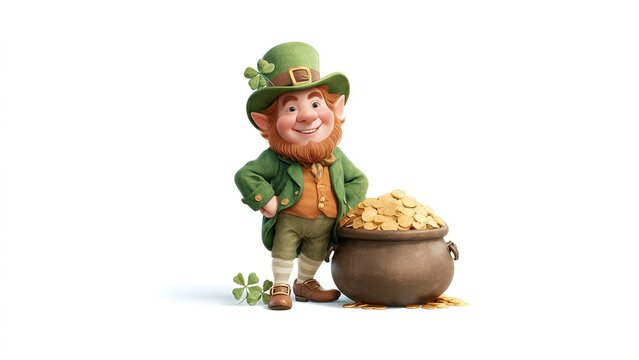 A jovial, cartoon-style leprechaun with a green hat and coat proudly stands beside a overflowing