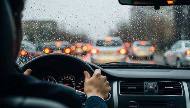 Stressed driver gripping steering wheel during rainy twilight traffic jam commute close up through windshield