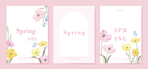 Naklejka premium watercolor Spring Floral invitation card vector. Hand drawn botanical flowers template background. Design illustration for wedding, vip cover, poster, rsvp modern card, birthday party.