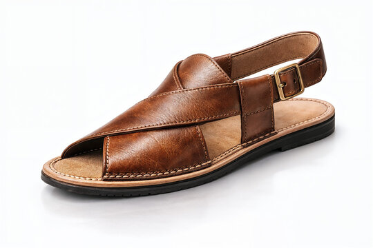 Traditional Brown Leather Peshawari Chappal Men's Handmade Sandals on White Background