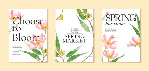 Fototapeta premium watercolor Spring Floral invitation card vector. Hand drawn botanical flowers template background. Design illustration for wedding, vip cover, poster, rsvp modern card, birthday party.