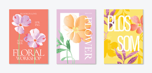 Naklejka premium watercolor Spring Floral invitation card vector. Hand drawn botanical flowers template background. Design illustration for wedding, vip cover, poster, rsvp modern card, birthday party.