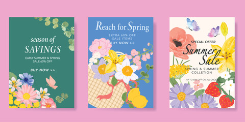 Naklejka premium watercolor Spring Floral invitation card vector. Hand drawn botanical flowers template background. Design illustration for wedding, vip cover, poster, rsvp modern card, birthday party.