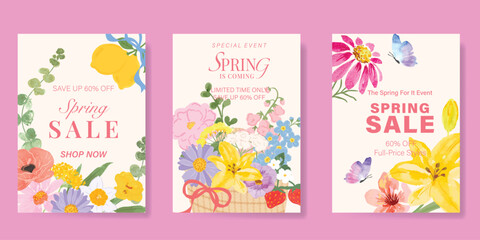 Naklejka premium watercolor Spring Floral invitation card vector. Hand drawn botanical flowers template background. Design illustration for wedding, vip cover, poster, rsvp modern card, birthday party.