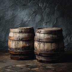 Two old wooden barrels stand side-by-side against a textured, dark gray background