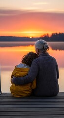 Fototapeta premium Sunset Embrace - Grandmother and Grandchild Sharing a Quiet Moment by the Lake.