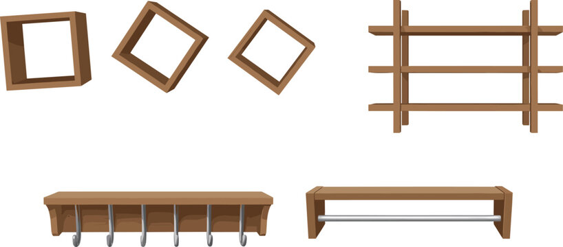 Set of wooden wall shelves including floating cube boxes storage racks and coat hanger hooks isolated on white background vector