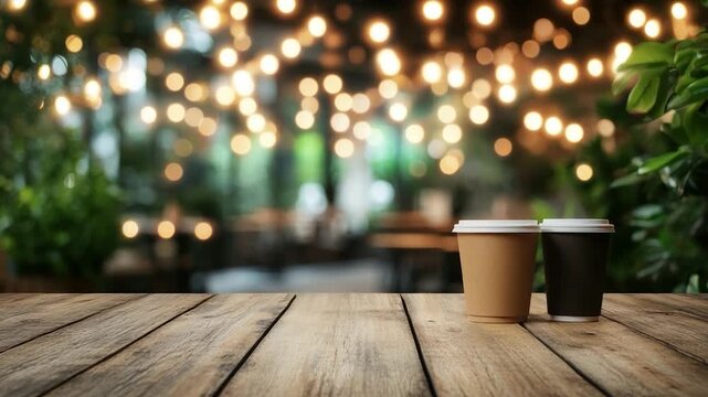 Two takeaway coffee cups sit on a wooden table, with blurred background of a cafe at night