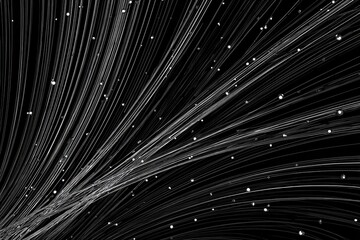 Abstract black and white image, curved lines converge, like light trails or data streams