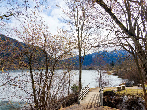 On the western shore of Lake Schliersee. Footbridge crossing the Trattengraben stream towards the nature adventure and relaxation area
