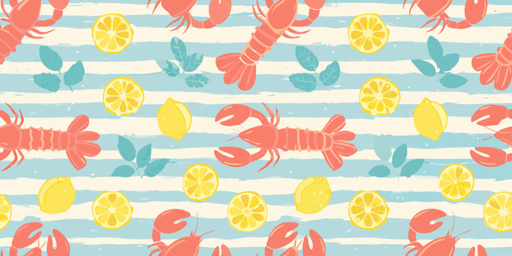 A playful pattern featuring lobsters lemons and teal leaves on stripes