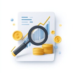 A 3D rendered scene of a financial analysis with a magnifying glass, graph, and gold coins
