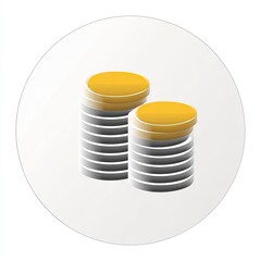 Two stacks of metallic coins, gold-topped, set against a white, circular backdrop