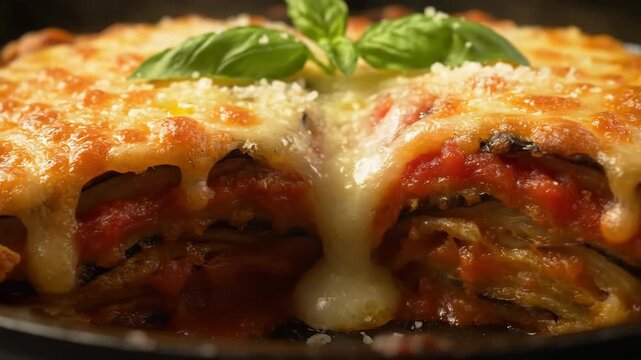 Appetizing Close-up of Eggplant Parmigiana (Parmigiana di Melanzane) with Melting Mozzarella, Rich Tomato Sauce, Fresh Basil Garnish, and Grated Parmesan Cheese.