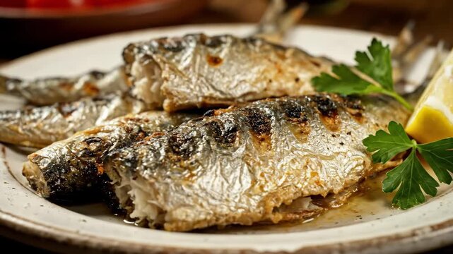 Delicious freshly grilled sardines served on a rustic plate, seasoned and garnished with fresh lemon slice and parsley, capturing traditional Mediterranean seafood cuisine.