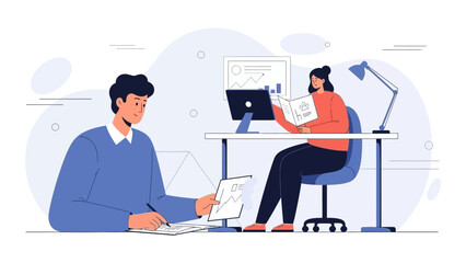 Teamwork in office: couple working together on project at desk with laptop and computer