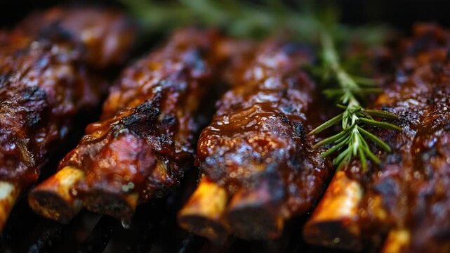 Grilled, glazed meat ribs with visible bones and sprig of green herb atop