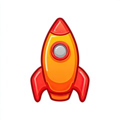 Cartoon rocket ship, orange and red, simple design, with window and fins