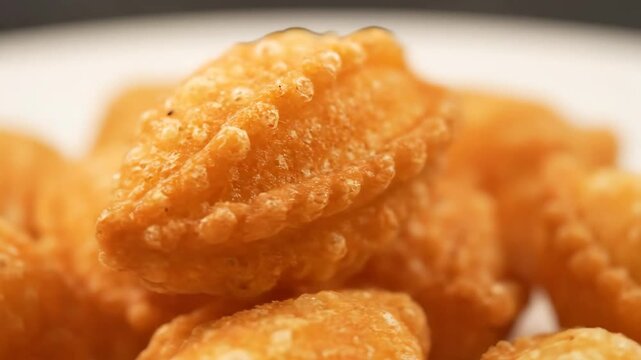Extreme Close-up of Traditional Indian Sweet Fried Gujiya or Karanji Pastry with Golden Crispy Texture, Served as a Festive Dessert or Snack
