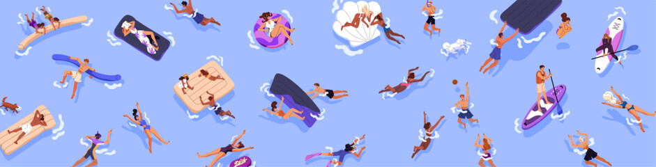 People are in swimming pool or sea top view banner. Tourists are floating on inflatable circle, sunbathing on mattresses, playing with ball in water on summer holidays. Flat vector illustration