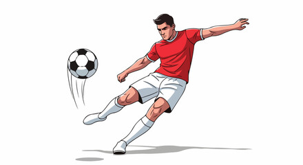 Fototapeta premium Illustration of a male soccer player kicking a ball with motion lines on a white background.